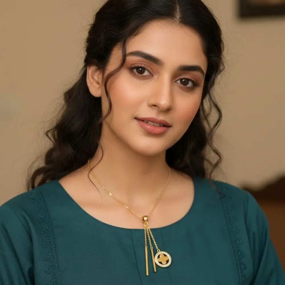 BazarVault® Gold Triple Charm Necklace – Stainless Steel, Vertical Bars & Star Cutout Pendant