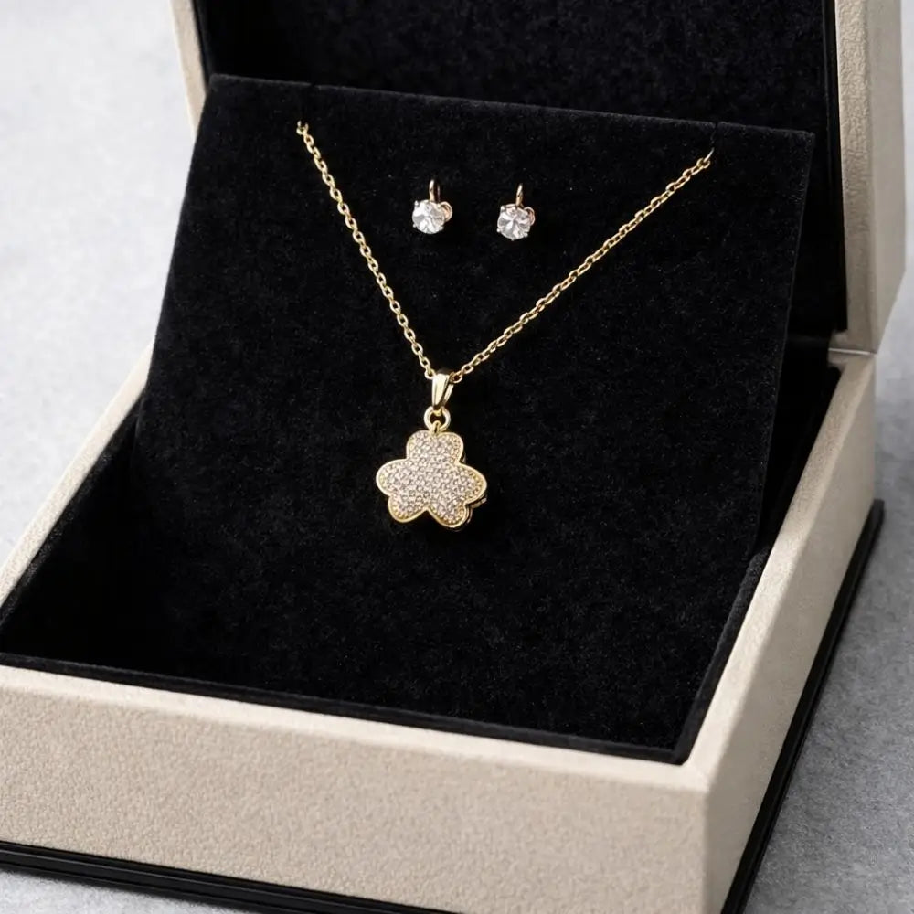 BazarVault® Floral Sparkle Jewelry Set – Gold Necklace & Stud Earrings with Crystal Accents