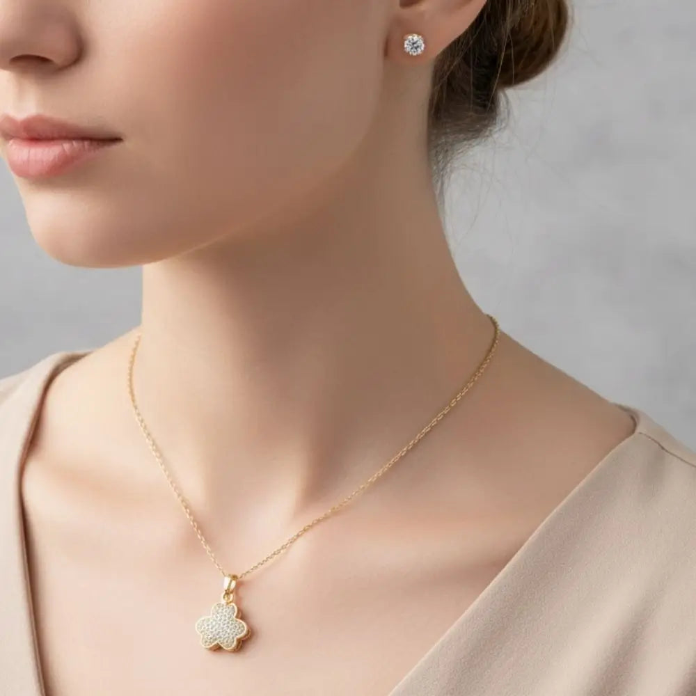 BazarVault® Floral Sparkle Jewelry Set – Gold Necklace & Stud Earrings with Crystal Accents