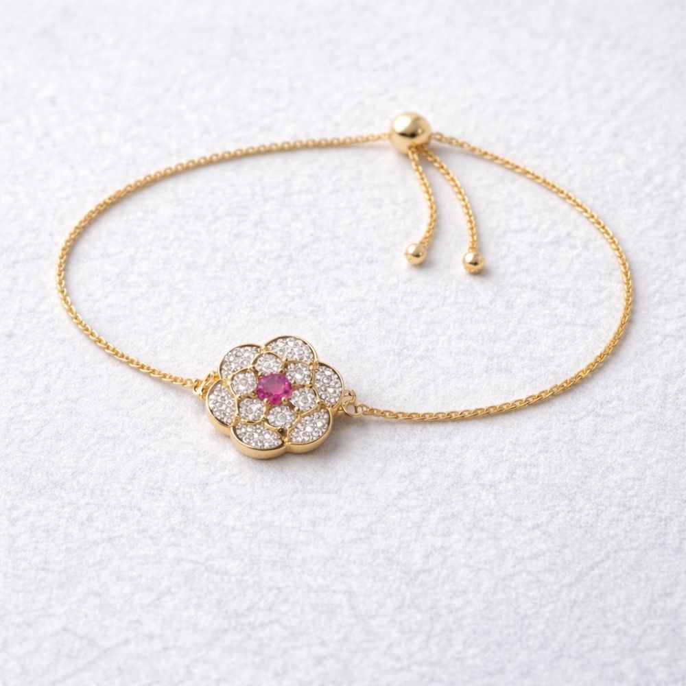 China Gold Floral Chain Bracelet – Adjustable Design with Pink & White Gemstones