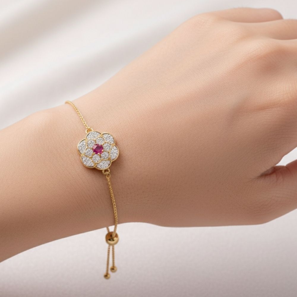 China Gold Floral Chain Bracelet – Adjustable Design with Pink & White Gemstones