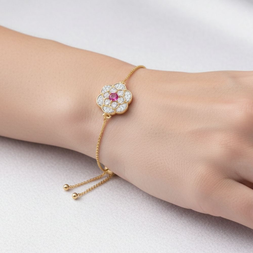China Gold Floral Chain Bracelet – Adjustable Design with Pink & White Gemstones