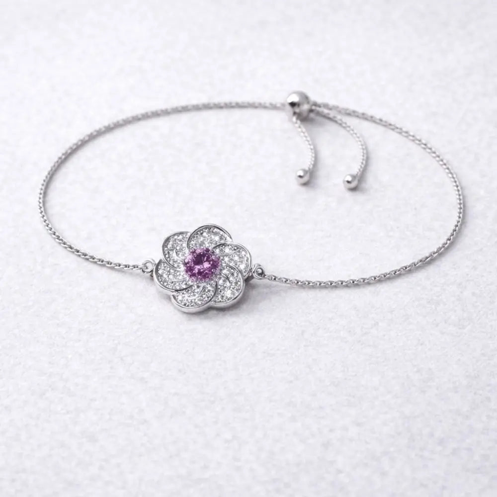 China White Gold Floral Bracelet – Purple & White Gemstones, Adjustable Chain Style
