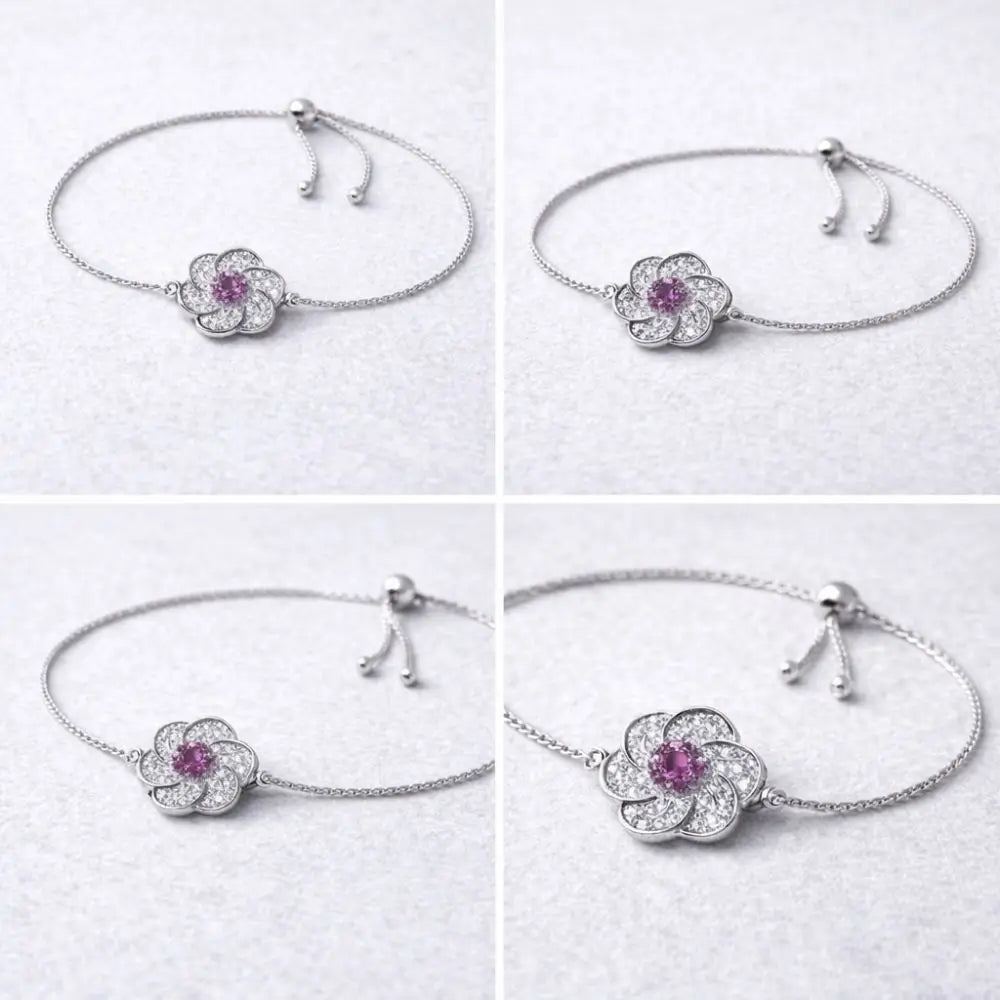China White Gold Floral Bracelet – Purple & White Gemstones, Adjustable Chain Style