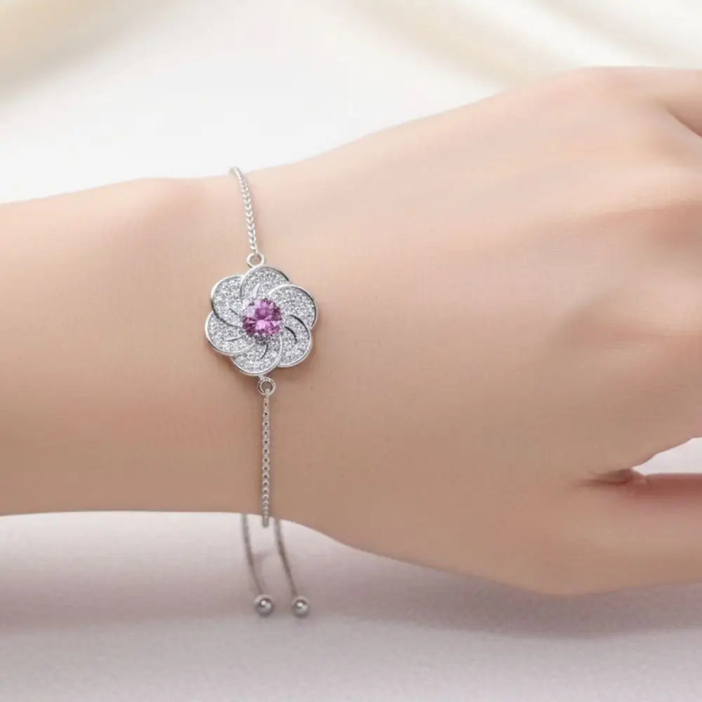 China White Gold Floral Bracelet – Purple & White Gemstones, Adjustable Chain Style