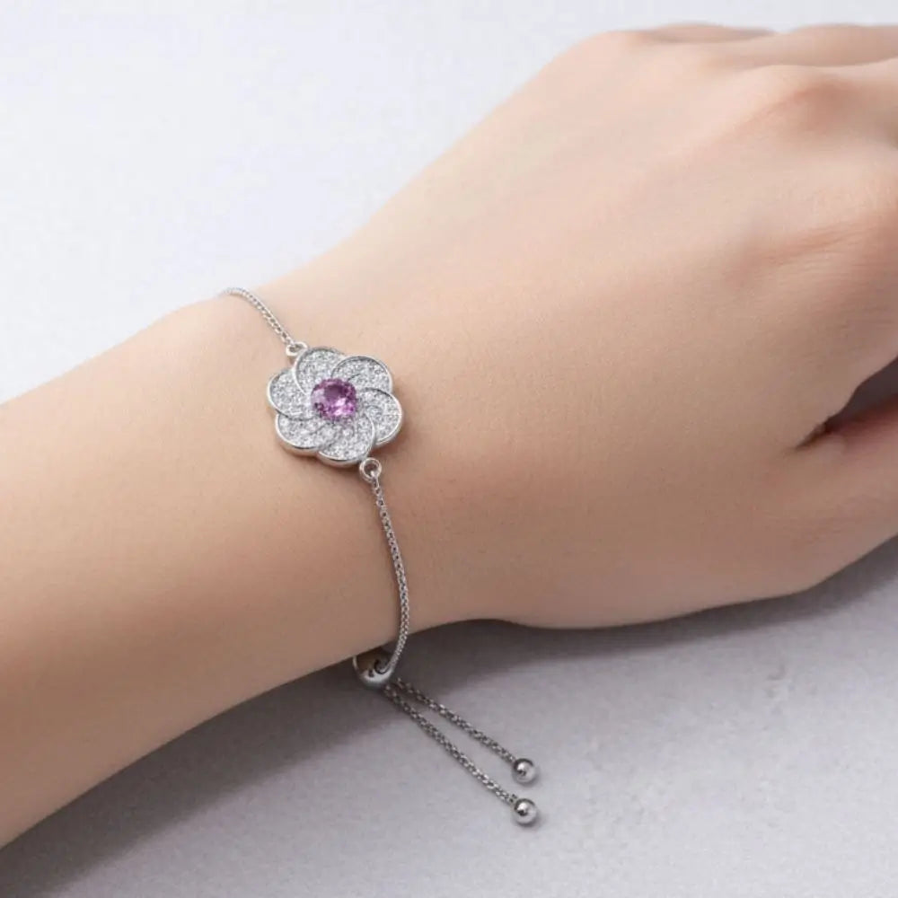 China White Gold Floral Bracelet – Purple & White Gemstones, Adjustable Chain Style