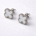 BazarVault® White Clover Stud Earrings – Stainless Steel with Textured Silver Border