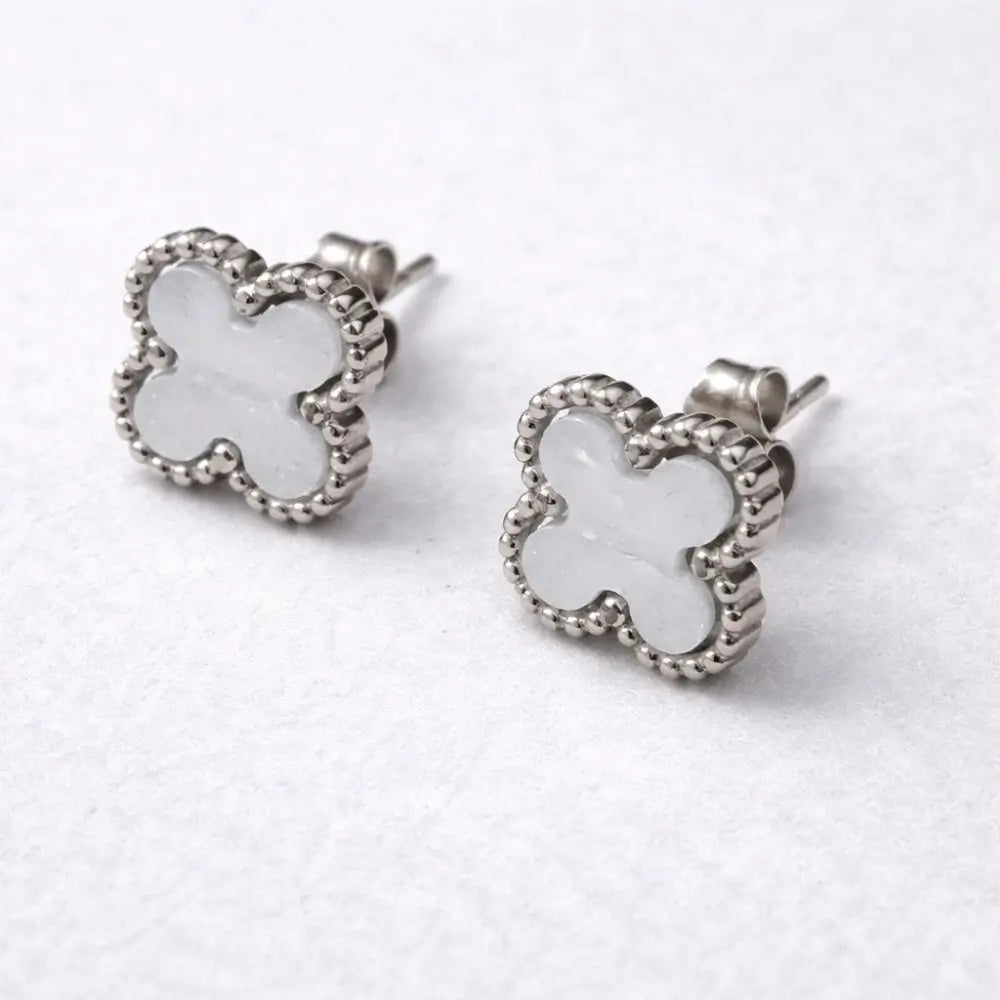 BazarVault® White Clover Stud Earrings – Stainless Steel with Textured Silver Border