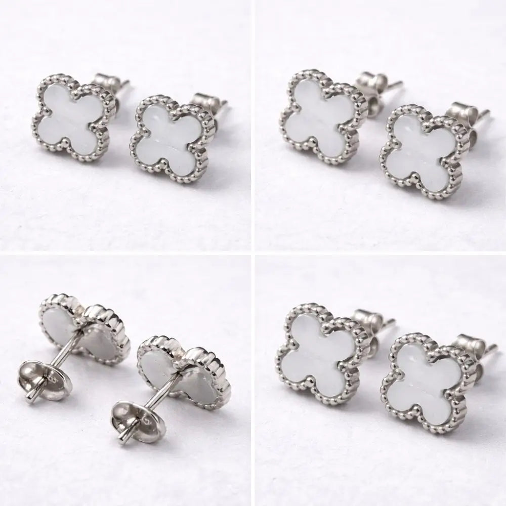 BazarVault® White Clover Stud Earrings – Stainless Steel with Textured Silver Border