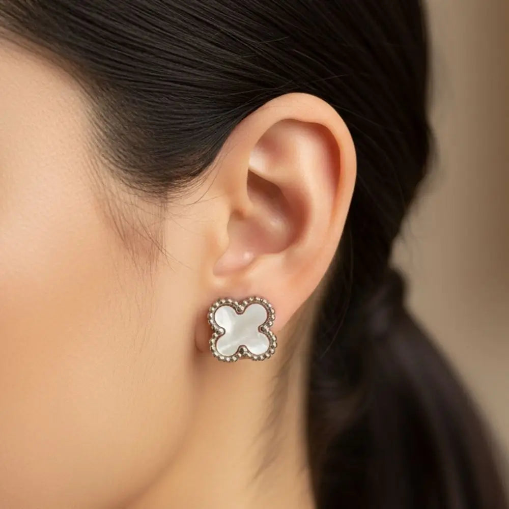 BazarVault® White Clover Stud Earrings – Stainless Steel with Textured Silver Border