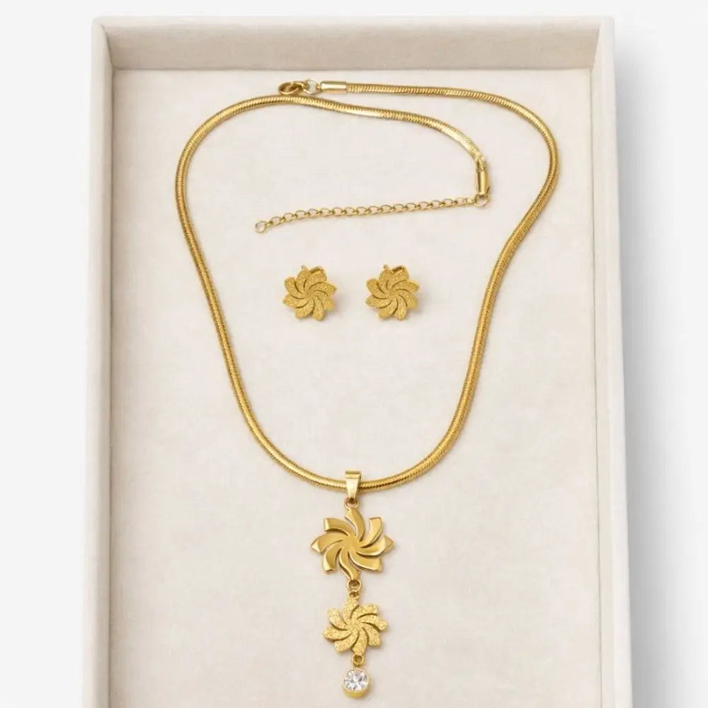 BazarVault® Gold Stainless Steel Jewelry Set – Spiral Floral Necklace & Matching Earrings