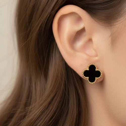 BazarVault® Black Clover Stud Earrings – Gold-Plated Stainless Steel with Beaded Edge