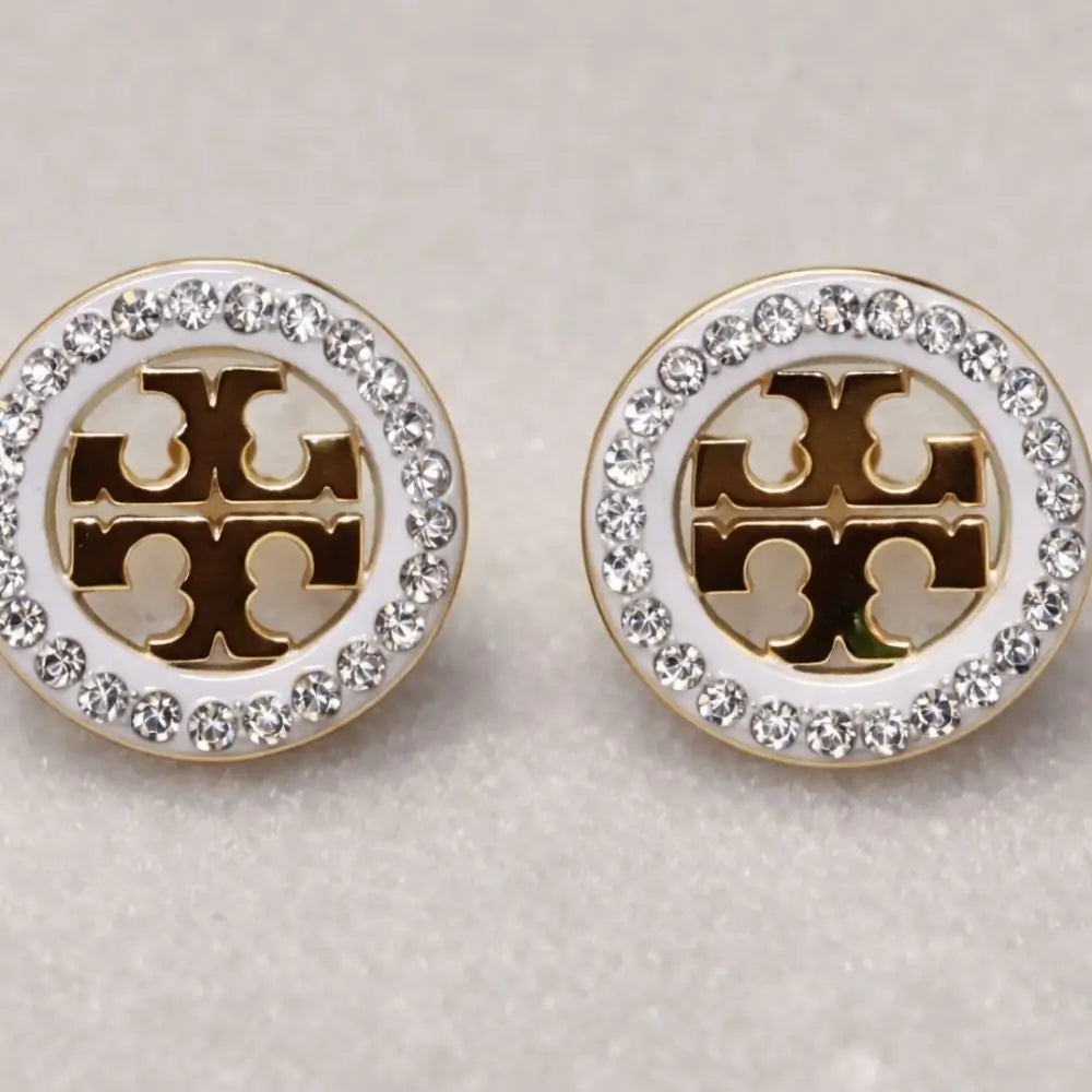 BazarVault® Gold Stainless Steel Round Stud Earrings – Crystal Border & Emblem Design