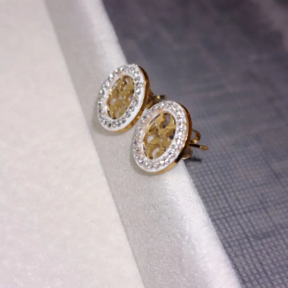 BazarVault® Gold Stainless Steel Round Stud Earrings – Crystal Border & Emblem Design