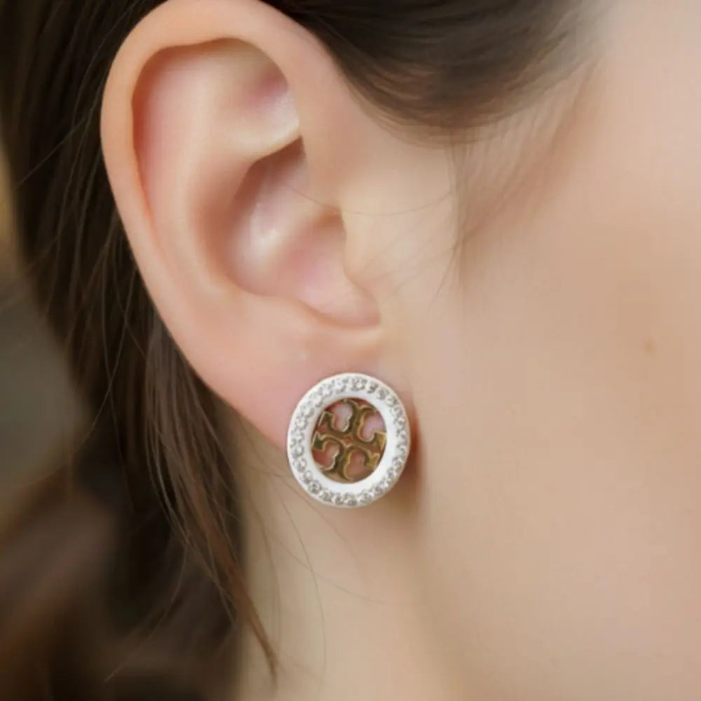 BazarVault® Gold Stainless Steel Round Stud Earrings – Crystal Border & Emblem Design