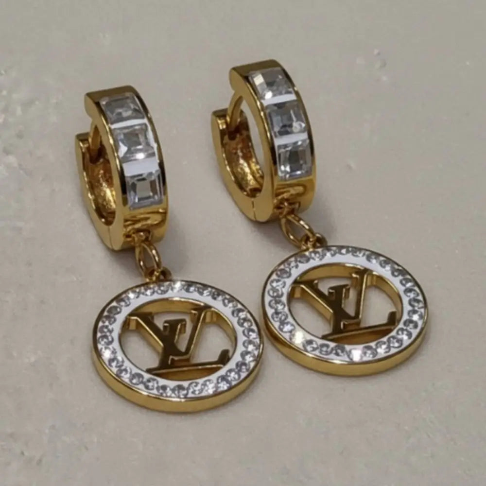 BazarVault® Luxury LV-Inspired Earrings – Gold-Plated Stainless Steel with Rhinestone Charm