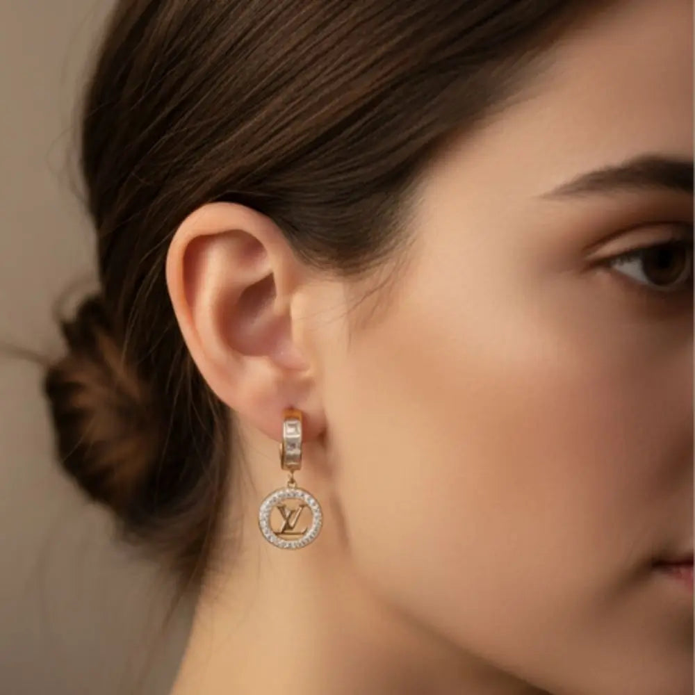 BazarVault® Luxury LV-Inspired Earrings – Gold-Plated Stainless Steel with Rhinestone Charm