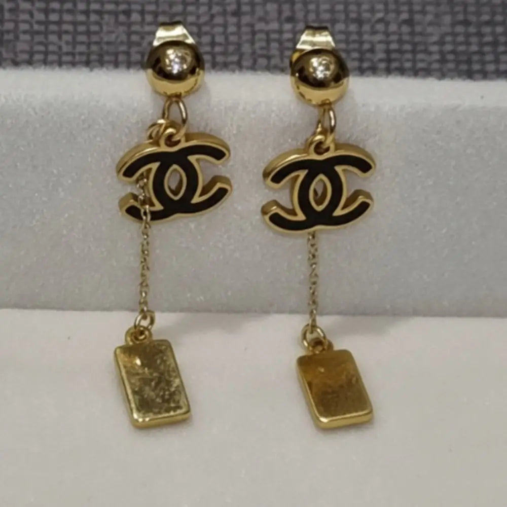 BazarVault® Gold & Black Stainless Steel Drop Earrings – Chanel-Inspired Elegance