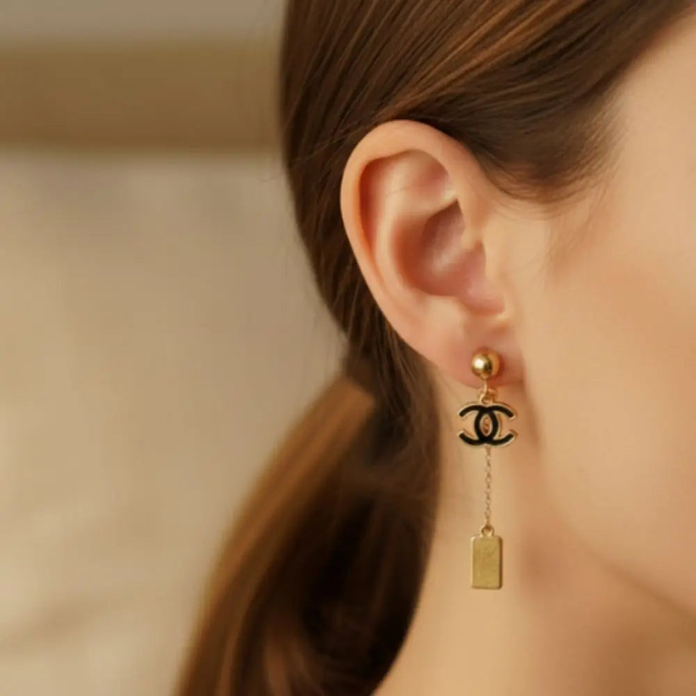 BazarVault® Gold & Black Stainless Steel Drop Earrings – Chanel-Inspired Elegance