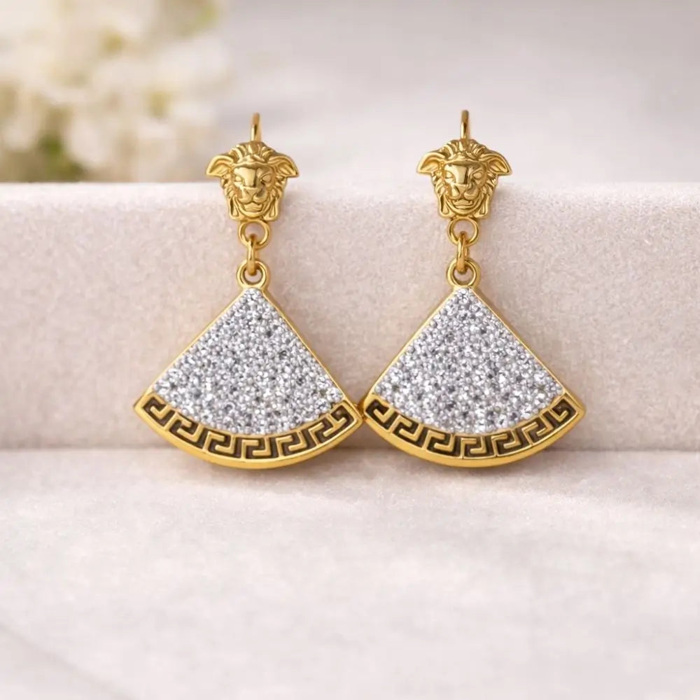 BazarVault® Gold-Tone Stainless Steel Earrings – Versace-Inspired Medusa & Crystal Fan