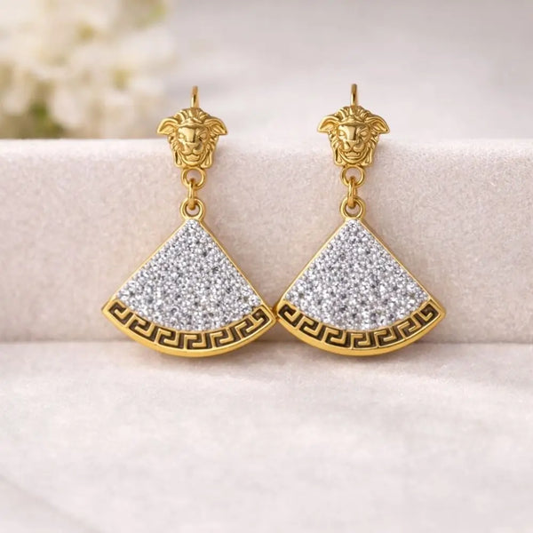 BazarVault® Gold-Tone Stainless Steel Earrings – Versace-Inspired Medusa & Crystal Fan