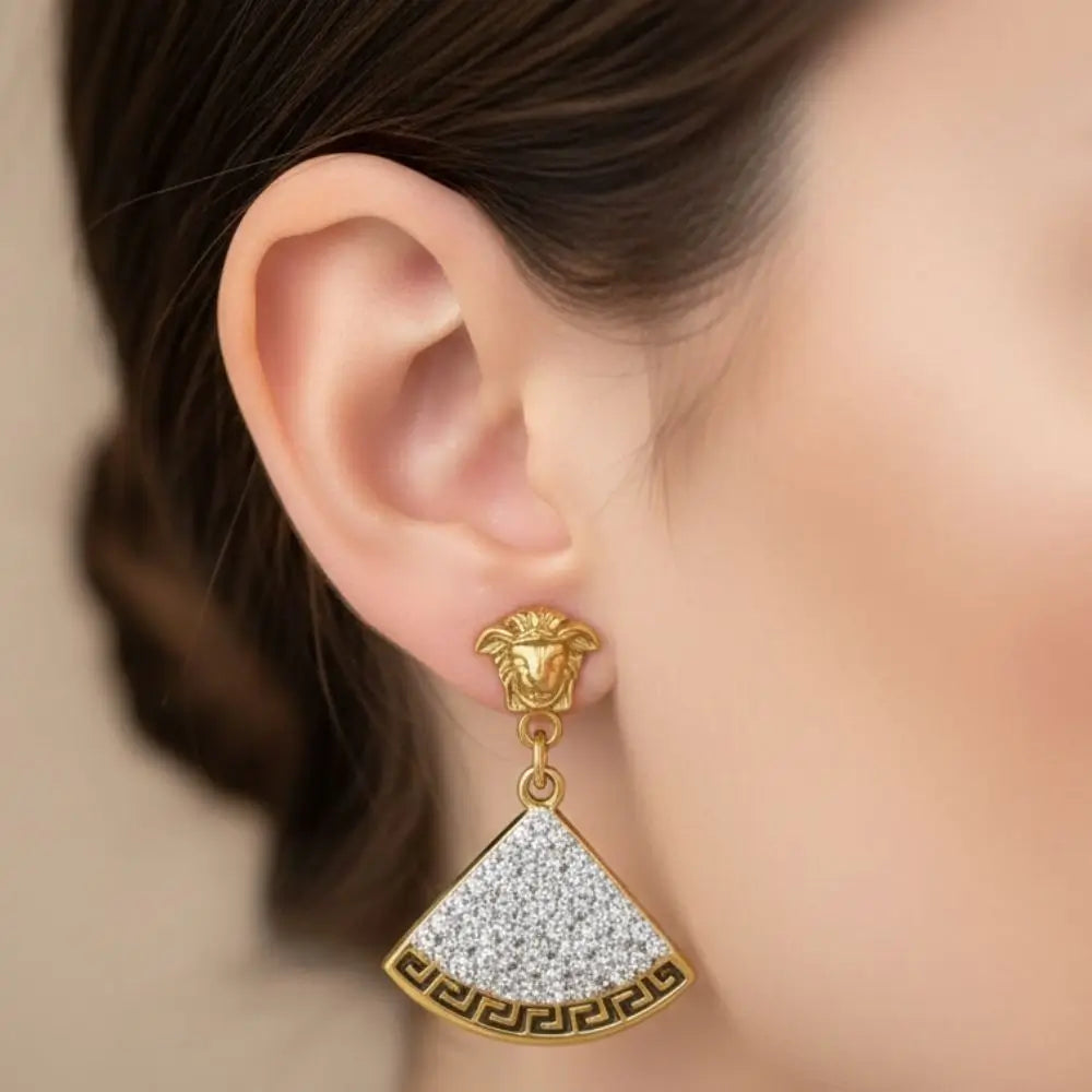 BazarVault® Gold-Tone Stainless Steel Earrings – Versace-Inspired Medusa & Crystal Fan