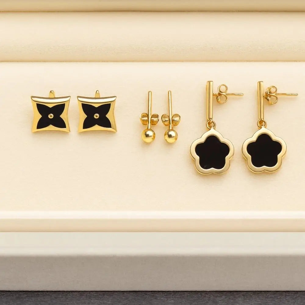 BazarVault® 3-Pair Gold & Black Stainless Steel Earrings Set – Floral Studs, Ball Studs & Clover Dangles