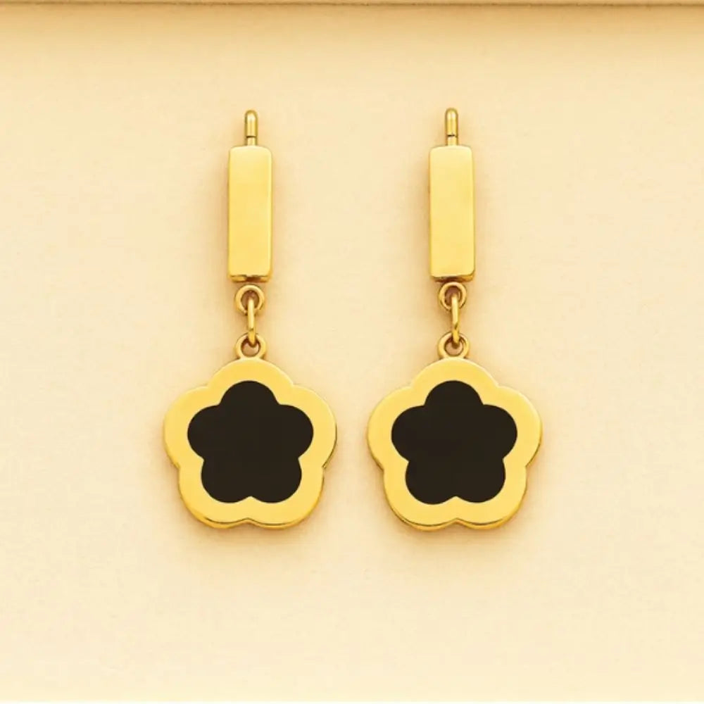 BazarVault® 3-Pair Gold & Black Stainless Steel Earrings Set – Floral Studs, Ball Studs & Clover Dangles