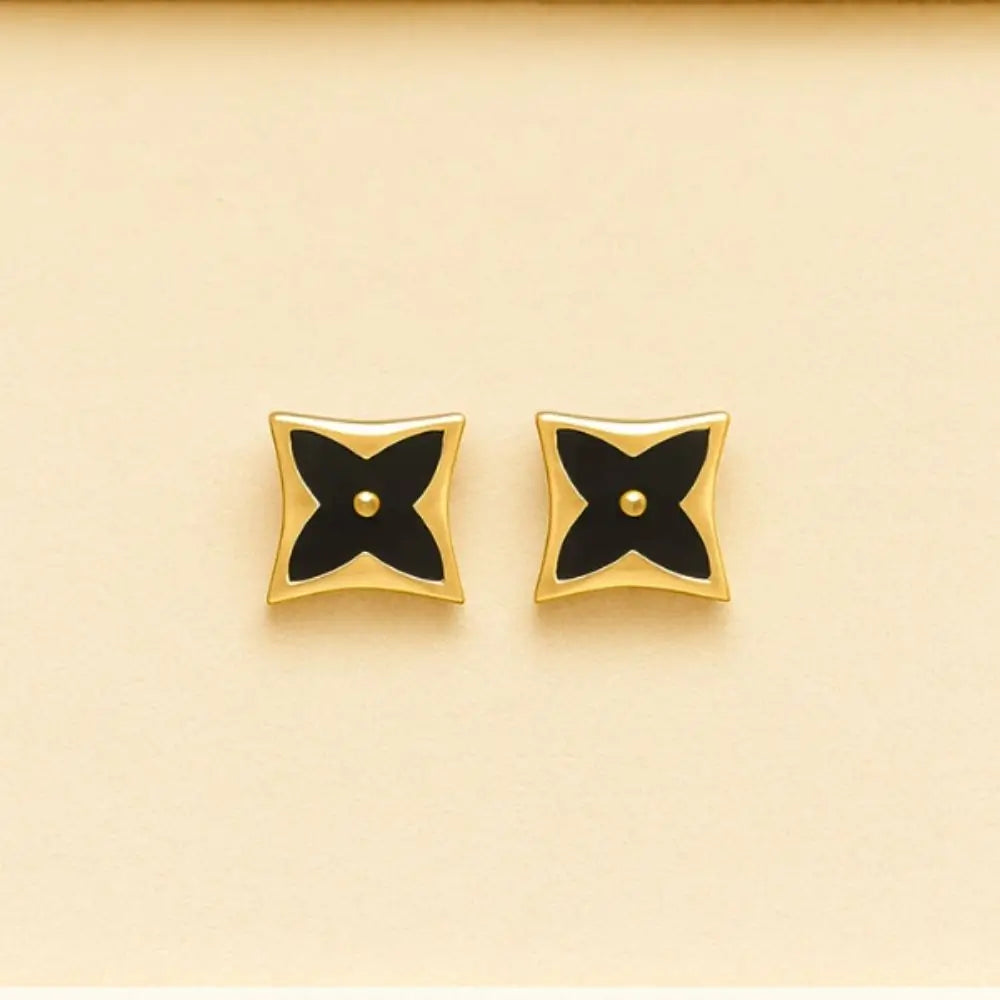 BazarVault® 3-Pair Gold & Black Stainless Steel Earrings Set – Floral Studs, Ball Studs & Clover Dangles