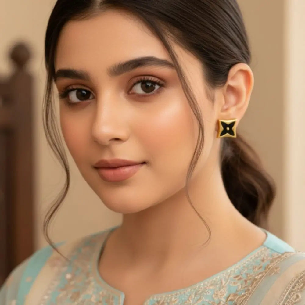 BazarVault® 3-Pair Gold & Black Stainless Steel Earrings Set – Floral Studs, Ball Studs & Clover Dangles