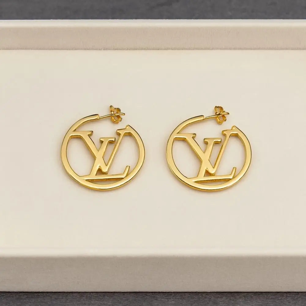 BazarVault® Gold-Plated LV Logo Earrings – Luxury Designer Studs in Stainless Steel