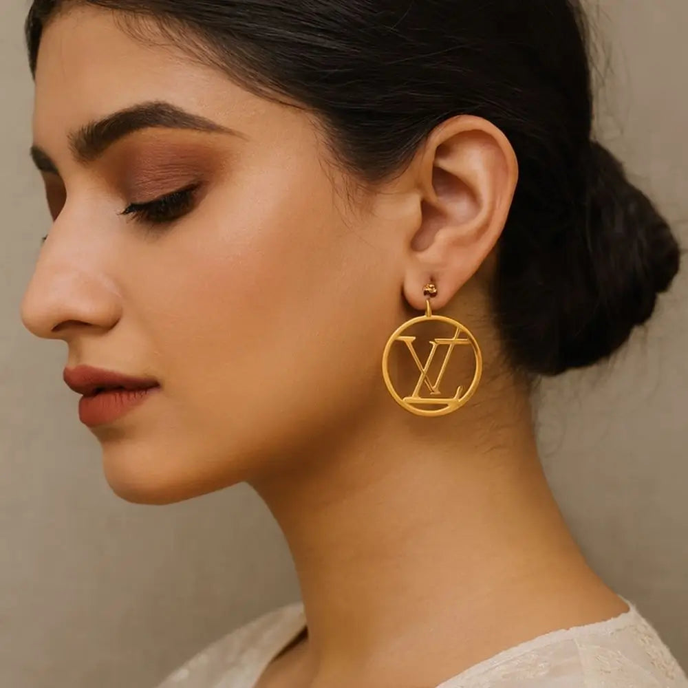 BazarVault® Gold-Plated LV Logo Earrings – Luxury Designer Studs in Stainless Steel