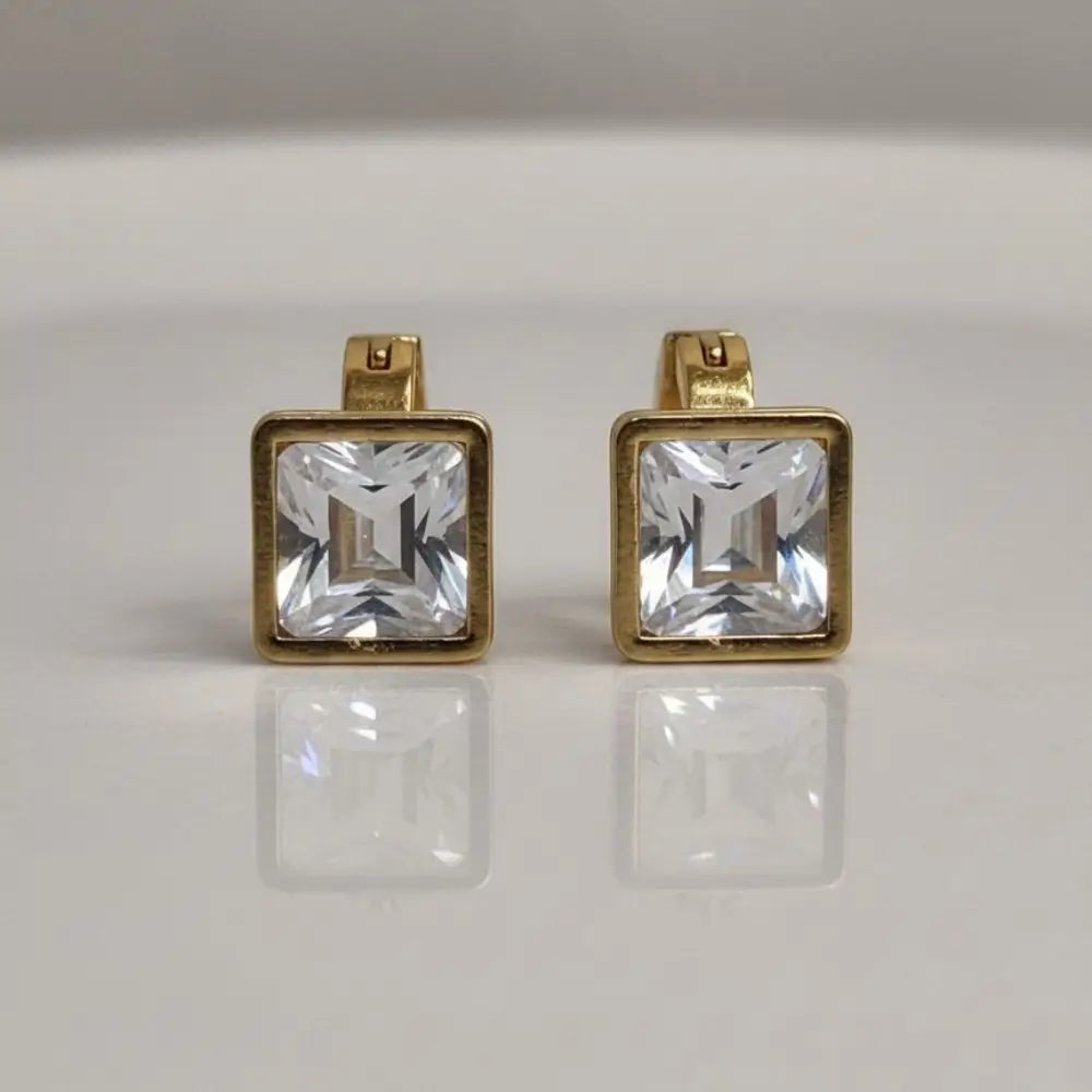 BazarVault® Gold-Plated D Bali Earrings – Rectangular Crystal Edition in Durable Stainless Steel