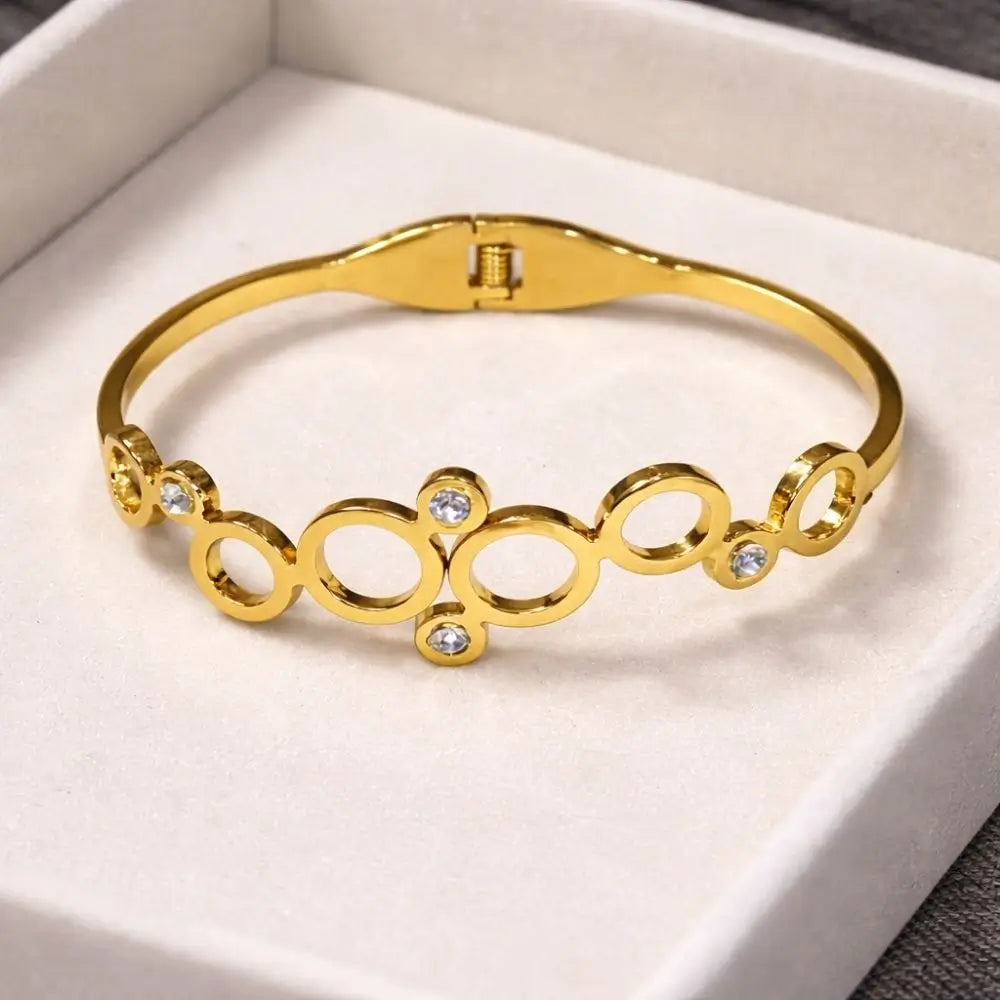 BazarVault® Adjustable Stainless Steel Gold Bracelet – Luxury Circle Crystal Design for Women