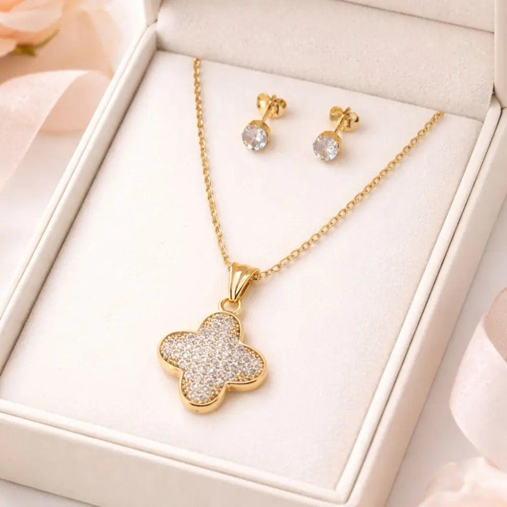 BazarVault® Gold Stainless Steel Clover Necklace Set – Adjustable Chain with Crystal Stud Earrings