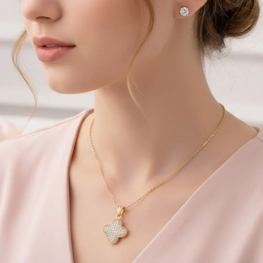 BazarVault® Gold Stainless Steel Clover Necklace Set – Adjustable Chain with Crystal Stud Earrings