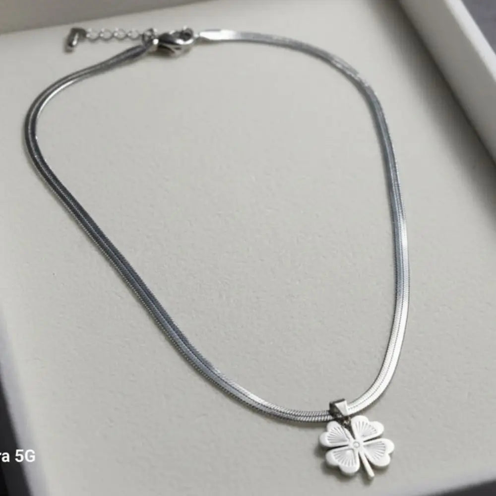 BazarVault® Silver Stainless Steel Clover Necklace – Adjustable Chain, Polished Finish