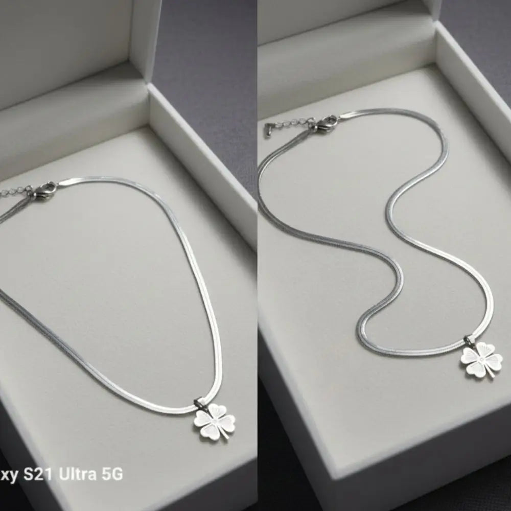 BazarVault® Silver Stainless Steel Clover Necklace – Adjustable Chain, Polished Finish